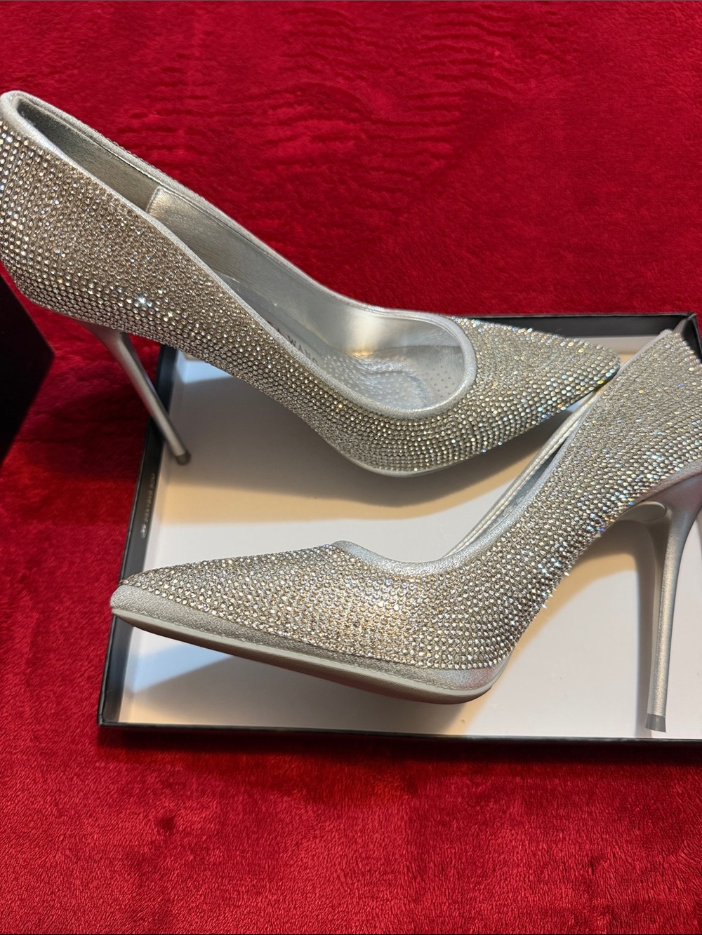 Crystal-Embellished Silver Pointed-Toe Stiletto Heels